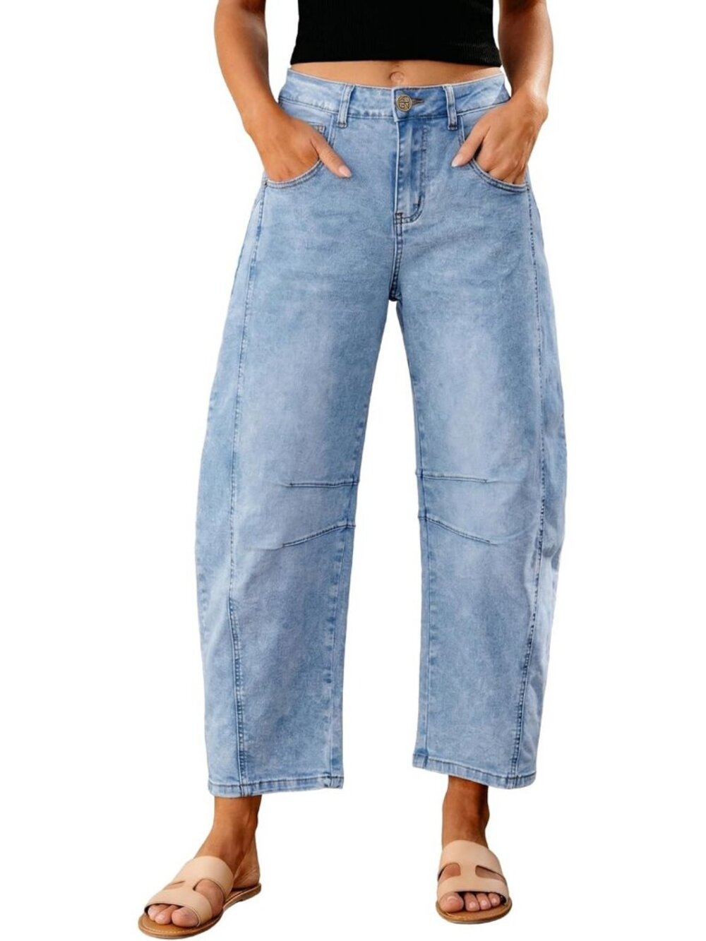 High Waist Baggy Cropped Denim Jeans for Women - Stretchy, Comfortable Fit